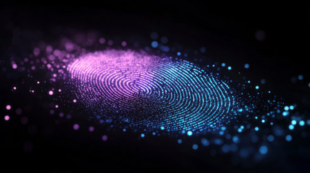 The composition features a striking digital representation of a fingerprint, highlighted with vivid blue and pink huesの素材