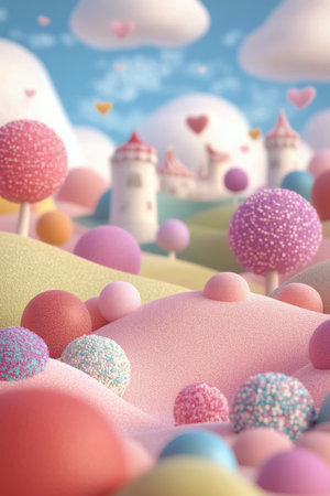 A vibrant fantasy realm filled with rolling pastel hills, soft clouds, and a charming castle surrounded by colorful trees and playful spheres, evokes a dreamy, imaginative atmosphere.の素材