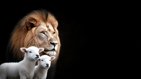 A strong lion gazes calmly while two curious lambs play at its side, creating a striking contrast of power and innocence in the dark setting.の素材
