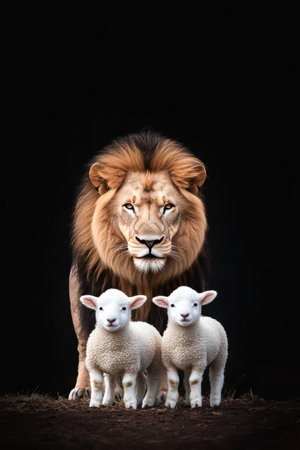 A powerful lion watches over two adorable lambs, creating a striking contrast between their playful innocence and his commanding presence. This moment captures an unusual bond in nature.の素材