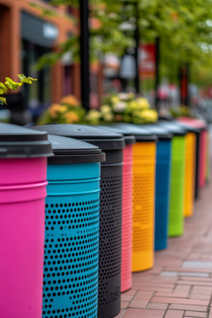 Brightly colored waste bins are neatly arranged along a sidewalk in a bustling urban area, creating a lively atmosphere. Passersby can be seen in the background.の素材