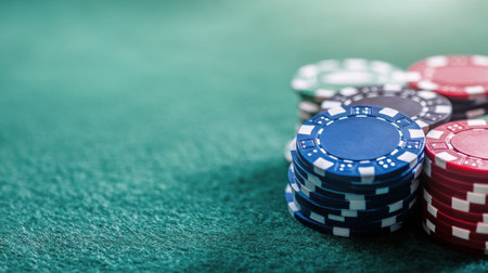 A variety of colorful poker chips are arranged in neat stacks on a green felt table, indicating an active casino atmosphere during a lively game night where players place bets.の素材