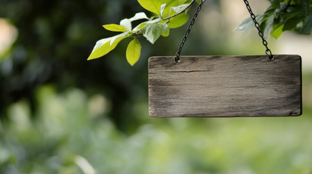 An empty wooden sign is suspended from the branches of a tree, surrounded by vibrant green foliage and soft sunlight streaming through the leaves.の素材