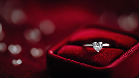 A stunning heart-shaped diamond ring sits prominently in a rich red velvet box, suggesting an upcoming romantic proposal or gesture of loveの素材