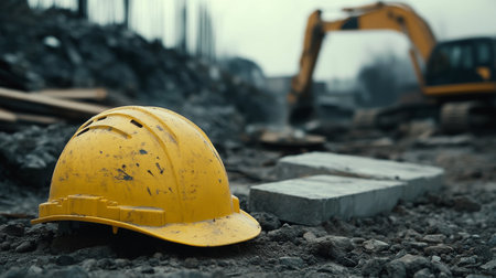 A yellow hard hat lies on the dirt floor of a construction site, surrounded by heavy machinery working to transform the urban landscape on a cloudy day.の素材