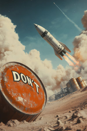 A vibrant rocket ascends into the sky from a barren terrain, surrounded by towering structures and marked barrelsの素材