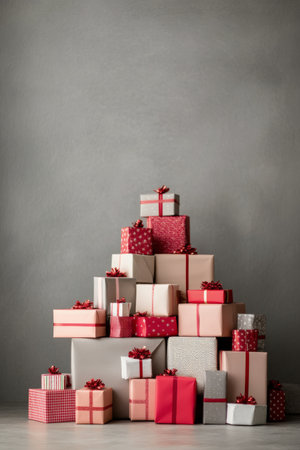 A creatively arranged display features neatly wrapped gifts in various colors and patterns, forming the shape of a Christmas tree. This festive decoration adds holiday cheer to any setting.の素材