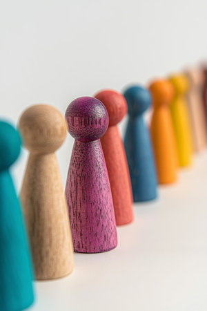 A series of colorful wooden figures stands in a straight line against a neutral background. Each figure features unique designs and vibrant colors, creating an inviting visual contrast.の素材