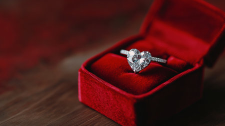 A stunning heart-shaped diamond ring sits prominently in a rich red velvet box, suggesting an upcoming romantic proposal or gesture of loveの素材