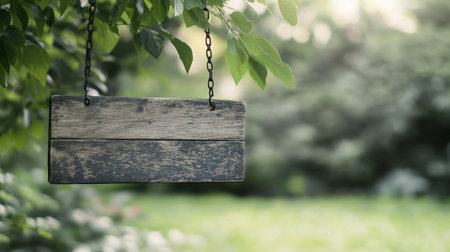 An empty wooden sign is suspended from the branches of a tree, surrounded by vibrant green foliage and soft sunlight streaming through the leaves.の素材