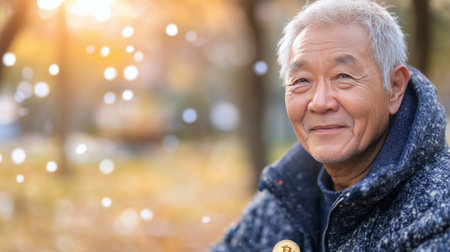 An older gentleman showcases a Bitcoin, smiling proudly while standing outside in bright daylight. The warm atmosphere highlights his joy and interest in cryptocurrency.の素材