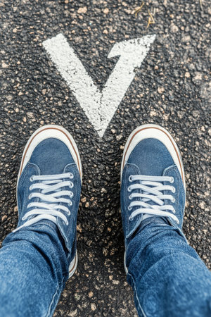 A pair of turquoise shoes is positioned on a dark asphalt surface, directly in front of a painted white arrow guiding forward. The setting suggests a clear path ahead, inviting movement.の素材