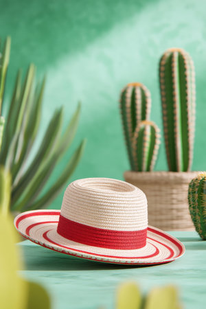 A straw hat with red and white stripes rests elegantly in a lively green space adorned with various cacti, creating a refreshing atmosphere perfect for summer.の素材