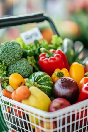 A shopper's basket filled with vibrant vegetables and fruits, including peppers, apples, and greens, captures the essence of fresh produce at a bustling local market.の素材