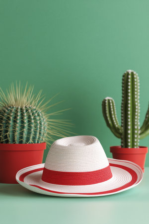 A straw hat with red and white stripes rests elegantly in a lively green space adorned with various cacti, creating a refreshing atmosphere perfect for summer.の素材