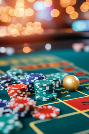 Stacks of colorful chips in blue, red, and green are arranged beside a roulette table, where players are engaged in lively betting amidst the vibrant atmosphere of a busy casino.の素材