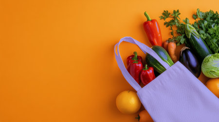 A reusable bag filled with colorful vegetables including peppers, broccoli, and greens sits on a kitchen counter, creating a lively contrast against an orange wall backdrop.の素材
