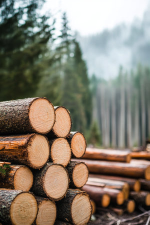 Logs are neatly stacked in a serene forest setting, with towering green trees and misty mountains visible in the background, creating a peaceful atmosphere.の素材