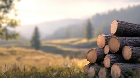 The warm glow of the setting sun casts a golden hue over a pile of firewood, surrounded by lush greenery and rolling hills. It captures a tranquil moment in nature.の素材