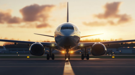 An airplane taxis along a wet runway as the sun sets, creating a beautiful display of colors in the sky. The scene captures the transition from day to night at the airport.の素材