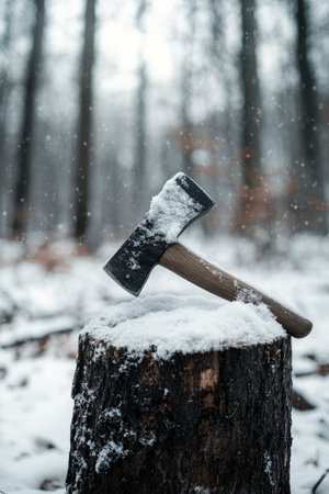 An ax is placed on a tree stump covered in freshly fallen snow, amidst a serene forest. Snowflakes gently fall around, creating a peaceful winter atmosphere.の素材