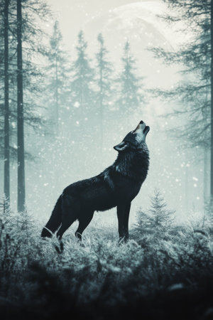 A solitary wolf stands amidst snow-covered trees, howling at the sky as gentle snowflakes fall around it, capturing the essence of a tranquil winter evening in the wilderness.の素材