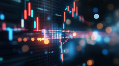 A vibrant digital graphic showcases fluctuating market trends with colorful lines and dots, illustrating real-time financial data and analytics in a dynamic and engaging manner.の素材