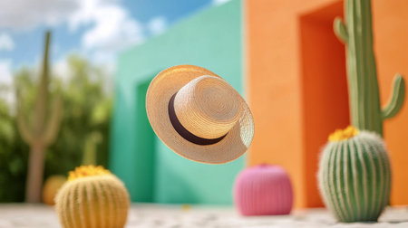 In a bright outdoor garden, a straw hat gently hovers above colorful cactus pots, showcasing a lively atmosphere filled with vibrant colors and greenery under a clear blue sky.の素材