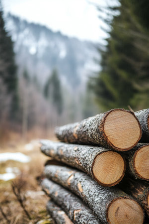 Logs are neatly stacked in a serene forest setting, with towering green trees and misty mountains visible in the background, creating a peaceful atmosphere.の素材