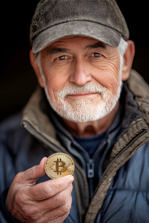 An elderly man with a beard is smiling while holding a golden Bitcoin replica. He is dressed warmly in a cozy indoor space, reflecting a sense of contentment and intrigue about cryptocurrency.の素材