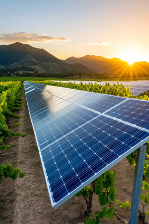 Rows of vines stretch across the landscape, with solar panels positioned prominently in the foreground while the sun sets behind the mountains, casting warm light over the vineyard.の素材