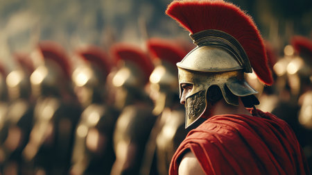 A line of Spartan warriors, clad in bronze armor and red cloaks, marches with stern expressions under falling snow. Their distinctive helmets gleam as they approach the battlefield.の素材