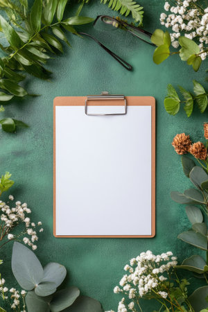 A blank clipboard rests on a vibrant green surface, accompanied by a pen and delicate white flowers, creating a tranquil atmosphere ideal for brainstorming or planning activities.の素材