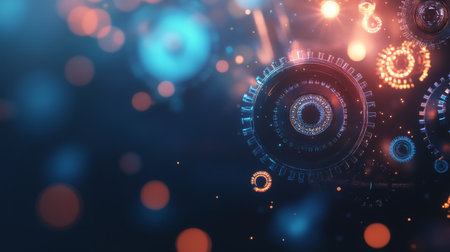 A vibrant display of glowing circles and abstract patterns creates a captivating digital landscape that evokes feelings of innovation and technology in a modern setting.の素材