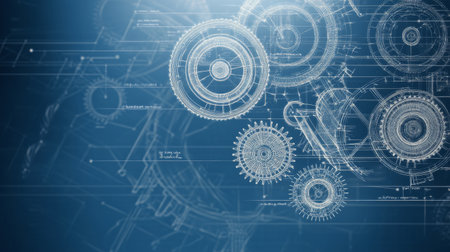 A complex arrangement of mechanical gears is displayed against a blue backdrop, highlighting intricate engineering designs and technical diagrams that illustrate movement and functionality.の素材