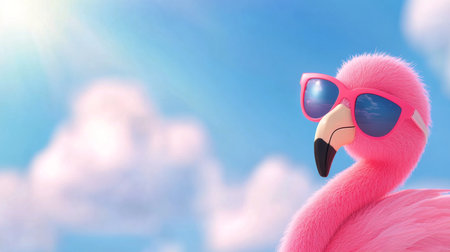 A vibrant pink flamingo stands confidently with oversized sunglasses on its beak, enjoying a sunny day against a backdrop of a clear blue sky filled with fluffy clouds.の素材