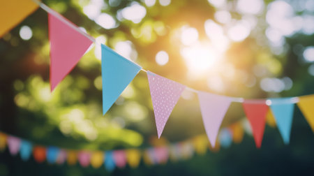Vibrant flags in various colors hang gracefully between trees, catching gentle sunlight in a festive atmosphere. The scene suggests a joyful celebration or gathering happening nearby.の素材
