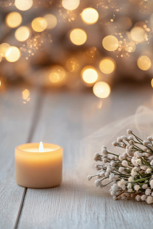 A soft candle flickers warmly next to a small bouquet of flowers made of white blooms. The background is softly illuminated with glowing lights, creating a cozy atmosphere.の素材