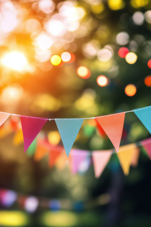 In a vibrant park setting, colorful bunting hangs across trees, illuminated by soft, warm lights as the sun sets in the background, creating a cheerful atmosphere for celebrations.の素材
