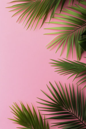 Lush green palm leaves elegantly border a bright pink background, creating a tropical atmosphere perfect for summer-themed designs or relaxation vibes. The contrasting colors enhance the lively mood.の素材