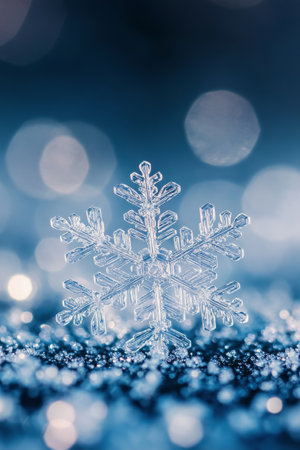 A beautifully intricate snowflake captures light as it floats in the air, creating a stunning contrast against the dark, blurred background of a winter night.の素材