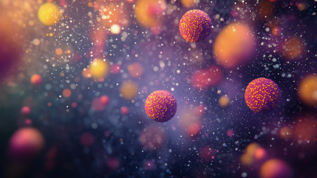 Delicate spheres float in a vivid cosmic landscape featuring a blend of colors and soft illumination. The background sparkles with light, creating a dreamy atmosphere.の素材