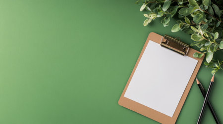 A well-organized workspace featuring a blank clipboard, two pens, a pair of glasses, and a small potted plant, all set against a vibrant turquoise surface, creating a refreshing atmosphere.の素材