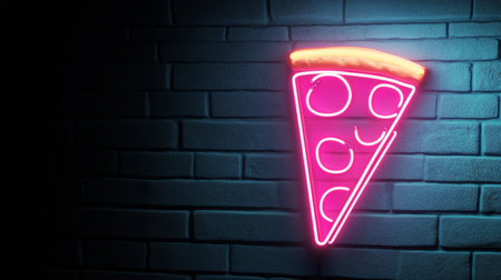 A brightly lit neon pizza sign shines against a dark brick wall, adding a lively touch to the nighttime setting. The colorful lights highlight the delicious details of the pizza.の素材