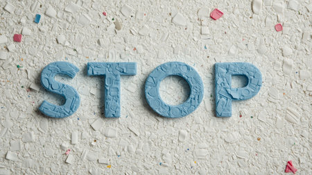 Colorful letters spelling STOP are crafted from recycled materials, surrounded by scattered plastic debris. This artwork emphasizes the importance of environmental awareness.の素材
