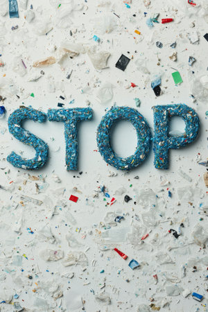 Colorful letters forming the word stop are crafted from recycled materials, surrounded by various pieces of plastic waste, highlighting environmental concerns and the need for action.の素材
