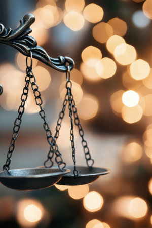 A statue of Lady Justice stands outdoors, blindfolded and holding a set of scales, with soft bokeh lights shimmering in the background, creating an impactful and serene atmosphere.の素材