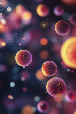 The visual highlights various colorful cells floating in a dark, cosmic-like setting filled with sparkling light effects. This creates a mesmerizing sense of depth and movement.の素材