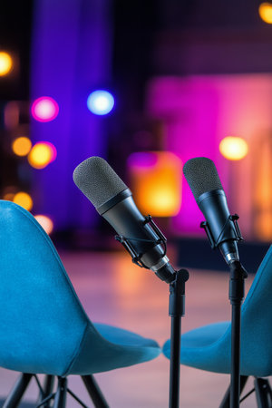 Two stylish chairs in yellow and blue are positioned facing each other, each equipped with a professional microphone. The backdrop features colorful lighting that sets the mood for a podcast.の素材