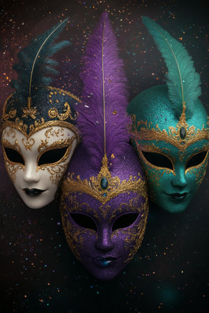 Three intricately designed masks in vibrant purple and turquoise showcase detailed patterns and textures. The masks are part of a celebration highlighting cultural artistry.の素材